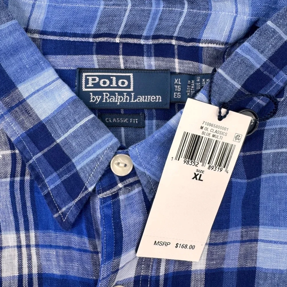 Polo Ralph Lauren Button Up Mens XL Blue Plaid Linen Short Sleeve Popover Shirt